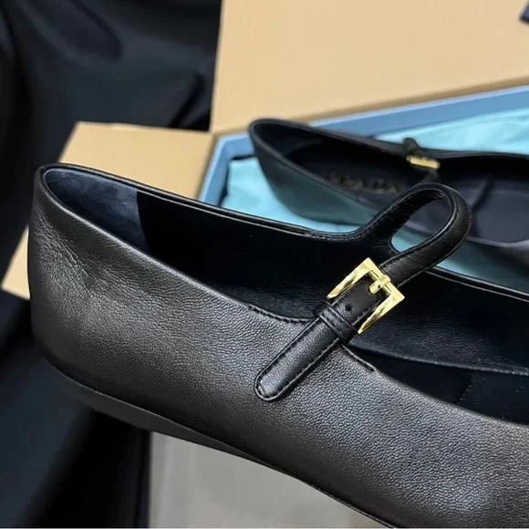 Prada Women's Black Leather Flats with Logo Detail - Picture 6 of 9